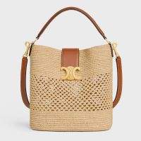 Celine Medium Louise Bucket Bag in Raffia and Calfskin Brown