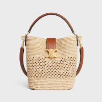 Celine Small Louise Bucket Bag in Raffia and Calfskin Brown