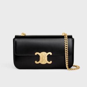 Celine Chain Claude Shoulder Bag in Shiny Calfskin Black/Gold