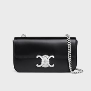 Celine Chain Claude Shoulder Bag in Shiny Calfskin Black/Silver