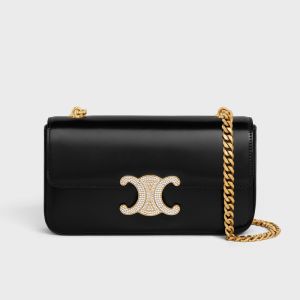 Celine Claude Chain Shoulder Bag with Strass Closure in Shiny Calfskin Black