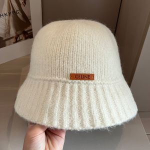 Celine Knitted Bucket Hat in Wool with Celine Patch White