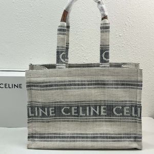 Celine Large Cabas Thais Bag in Striped Textile with Celine Jacquard Grey