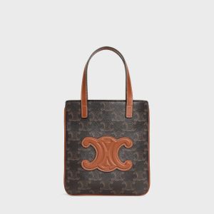 Celine Micro Cabas Bag in Triomphe Canvas with Cuir Triomphe Brown