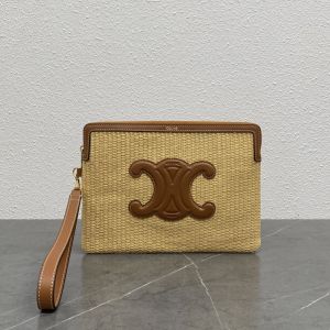 Celine Small Strap Pouch in Raffia with Cuir Triomphe Brown