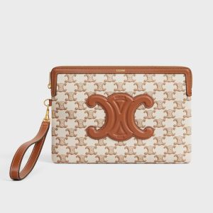 Celine Small Strap Pouch in Triomphe Textile with Celine Print White