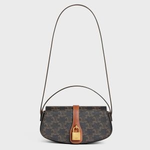 Celine Tabou Clutch On Strap in Triomphe Canvas and Calfskin Brown