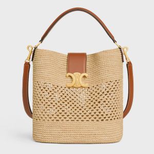 Celine Medium Louise Bucket Bag in Raffia and Calfskin Brown