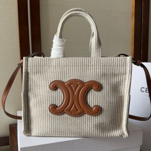 Celine Small Cabas Thais Bag in Striped Textile with Cuir Triomphe Beige
