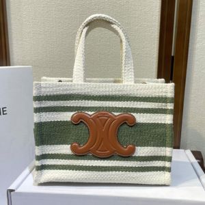 Celine Small Cabas Thais Bag in Striped Textile with Cuir Triomphe Green
