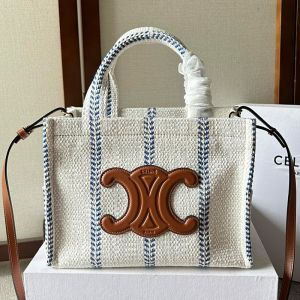 Celine Small Cabas Thais Bag in Striped Textile with Cuir Triomphe White