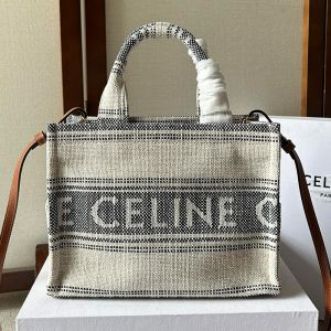 Celine Small Cabas Thais Bag in Striped Textile with Celine Jacquard Grey