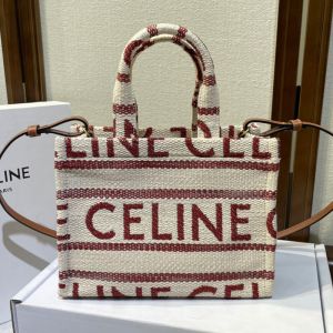 Celine Small Cabas Thais Bag in Textile With Celine All-Over Beige/Red