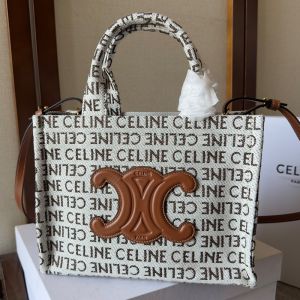 Celine Small Cabas Thais Bag in Textile With Celine All-Over and Cuir Triomphe White