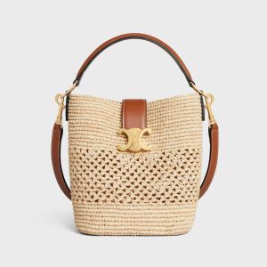 Celine Small Louise Bucket Bag in Raffia and Calfskin Brown