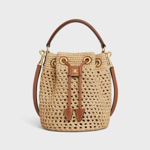 Celine Teen Clara Bucket Bag in Raffia and Calfskin Brown