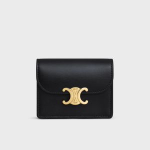 Celine Business Card Holder with Flap Triomphe in Shiny Calfskin Black