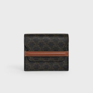 Celine Business Card Holder in Triomphe Canvas and Lambskin Brown