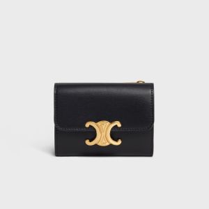 Celine Small Compact Wallet with Coin Triomphe in Shiny Calfskin Black
