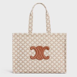 Celine Large Cabas Thais Bag in Textile With Triomphe Canvas Print Beige