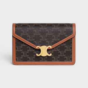 Celine Margo Wallet On Chain in Triomphe Canvas and Calfskin Brown