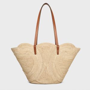 Celine Medium Classic Panier Braided Triomphe in Raffia and Calfskin Brown