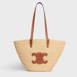 Celine Medium Supple Classic Panier in Raffia and Calfskin Brown