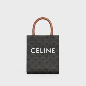 Celine Mini Vertical Cabas Bag in Triomphe Canvas with Celine Print Brown