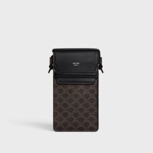 Celine Phone Pouch with Flap in Triomphe Canvas and Caflskin Black