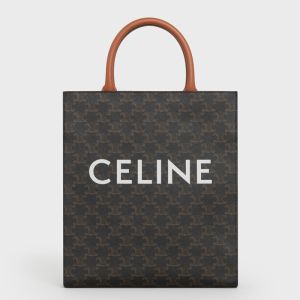 Celine Small Vertical Cabas Bag in Triomphe Canvas with Celine Print Brown