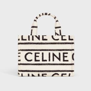Celine Small Cabas Thais Bag in Textile With Celine All-Over White/Black