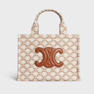 Celine Small Cabas Thais Bag in Textile With Triomphe Canvas Print Beige