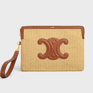 Celine Small Pouch with Strap Cuir Triomphe in Raffia Brown