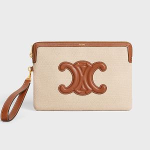 Celine Small Pouch with Strap Cuir Triomphe in Textile Beige