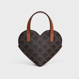 Celine Teen Coeur Bag in Triomphe Canvas and Calfskin Brown