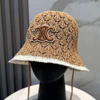 Celine Hollow-Out Bucket Hat in Cotton with Embroidery Triomphe Brown