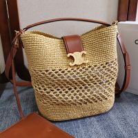 Celine Medium Louise Bucket Bag in Raffia and Calfskin Brown