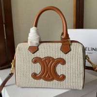 Celine Small Boston Bag Cuir Triomphe in Striped Textile Beige