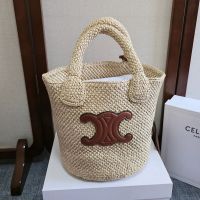 Celine Small Triomphe Woven Basket Bag in Raffia and Calfskin Brown