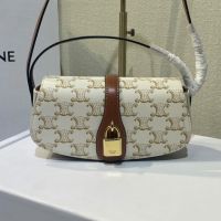 Celine Tabou Clutch On Strap in Triomphe Canvas and Calfskin White