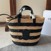 Celine Teen Supple Classic Panier in Raffia and Calfskin Black