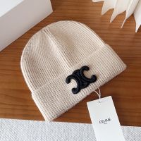 Celine Triomphe Knitted Hat in Wool Beige