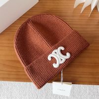 Celine Triomphe Knitted Hat in Wool Brown