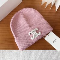 Celine Triomphe Knitted Hat in Wool Light Pink