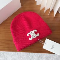 Celine Triomphe Knitted Hat in Wool Red