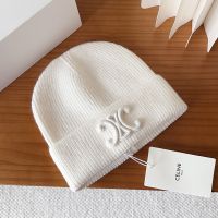 Celine Triomphe Knitted Hat in Wool White
