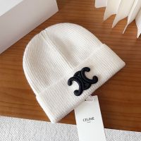 Celine Triomphe Knitted Hat in Wool White/Black