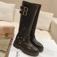 Celine Bulky High Biker Boots Women Calfskin with Harness Black/Gold