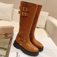 Celine Bulky High Biker Boots Women Calfskin with Harness Brown