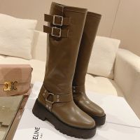Celine Bulky High Biker Boots Women Calfskin with Harness Khaki